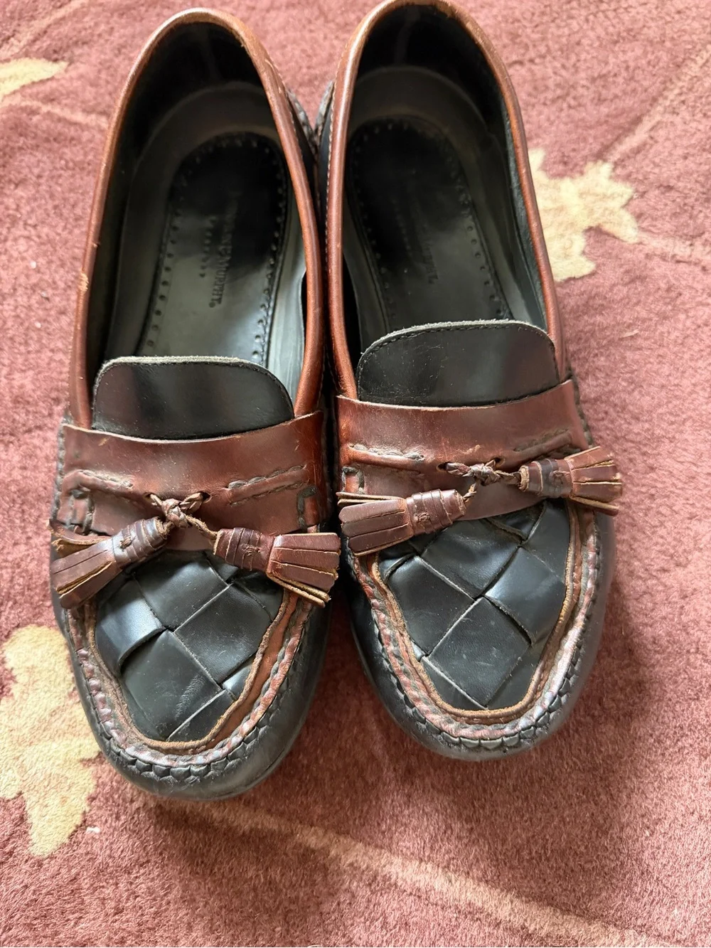 Johnston & Murphy Brown Leather Woven Tassel Loafers.